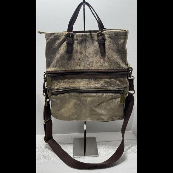Fossil Explorer Fold Over Tote Leather Bag Bronze Crossbody - Picture 2 of 4